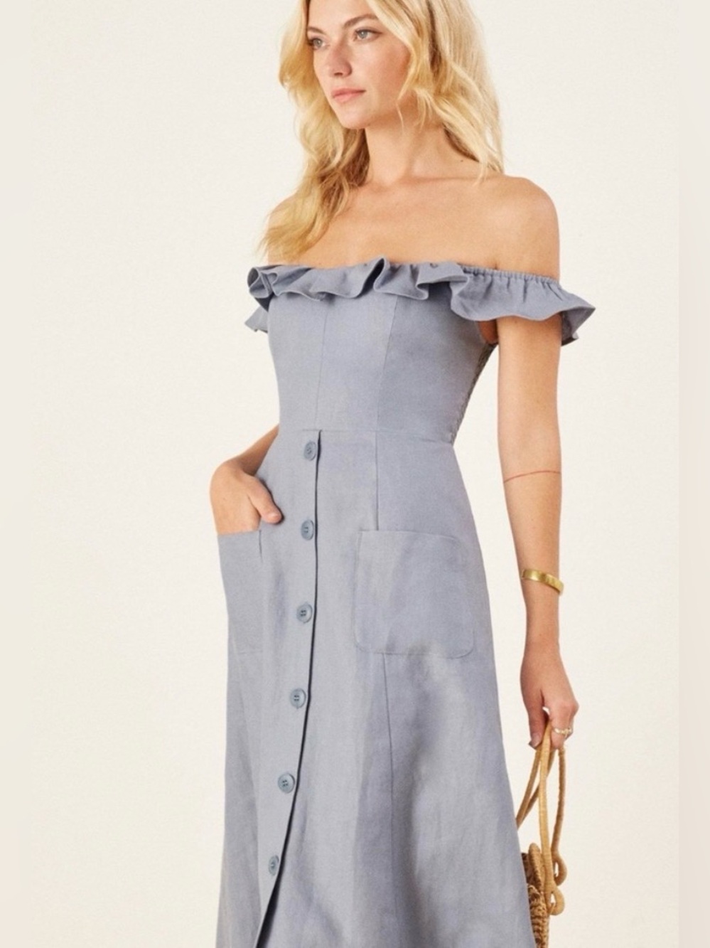 Reformation Hattie Blue Ruffle off shoulder Linen A-Line Blue midi Dress size 6 - Picture 3 of 8
